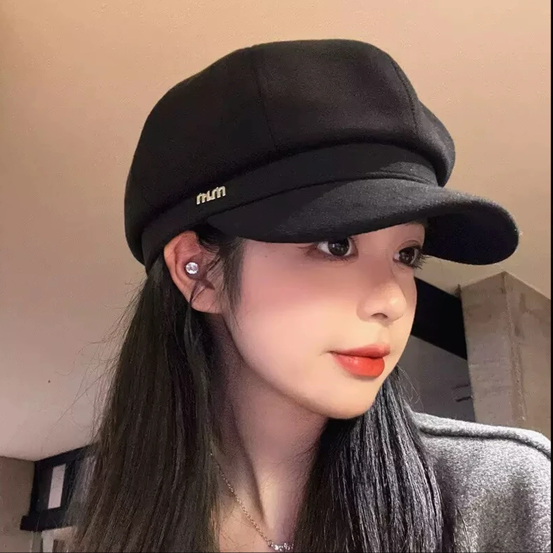 新款贝雷帽女秋冬显脸大鸭舌八角帽大头围法式复古黑色报童帽子潮