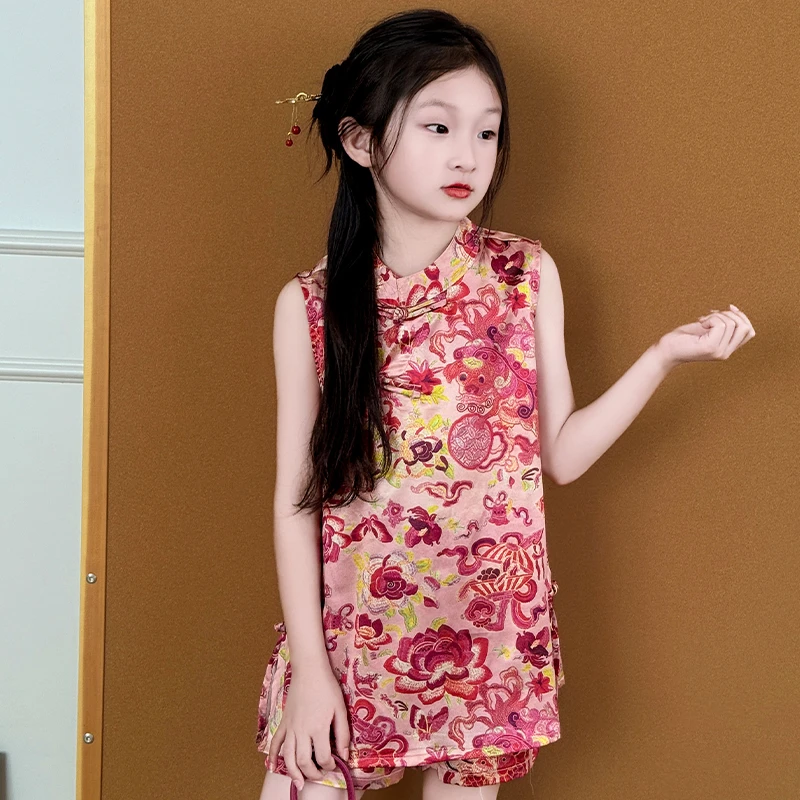 女童夏季2025新款儿童新中式中国风古装锦鲤戏莲花纹背心短裤套装