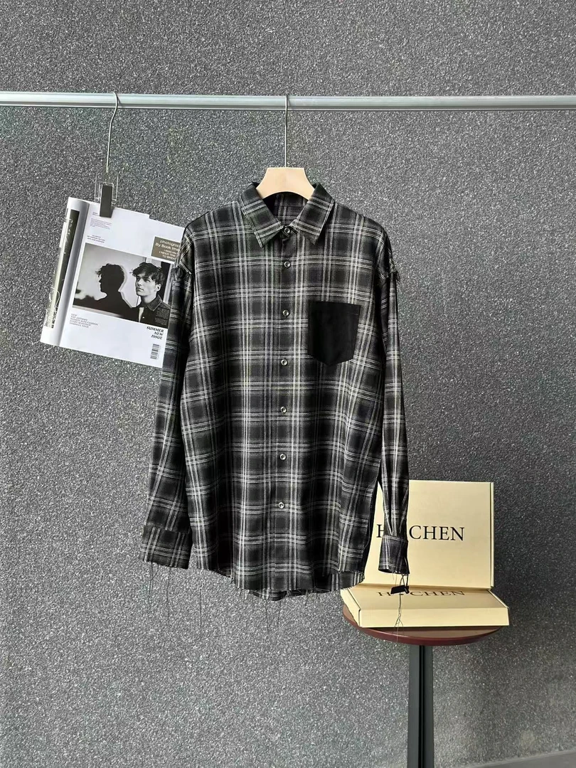 H.Chen-黑色流苏毛边经典格子衬衫胸口拼接撞色口袋休闲衬衣