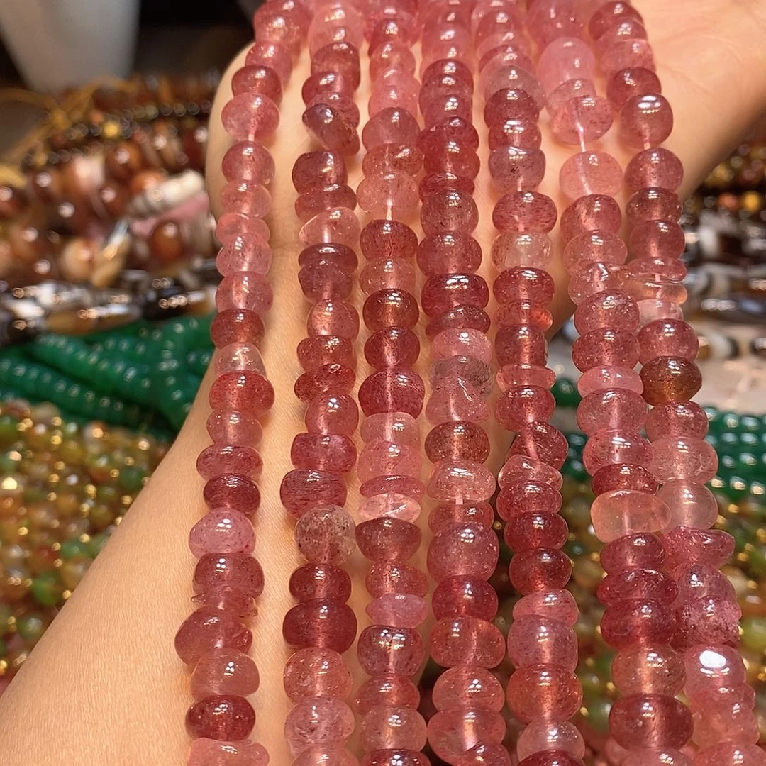 玛瑙/玉髓未镶嵌珠宝半成品天然粉草莓晶中孔一条10mm