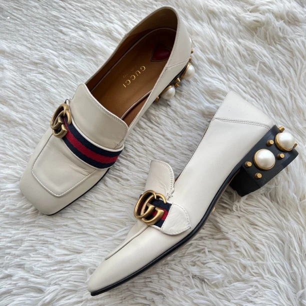 95新 GUCCI/古驰 珍珠玛丽珍粗跟鞋 36.5码 公价8K c0129