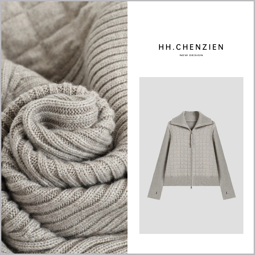 【黑黑家】冬季新款翻领拉链压格设计针织衫开衫上衣