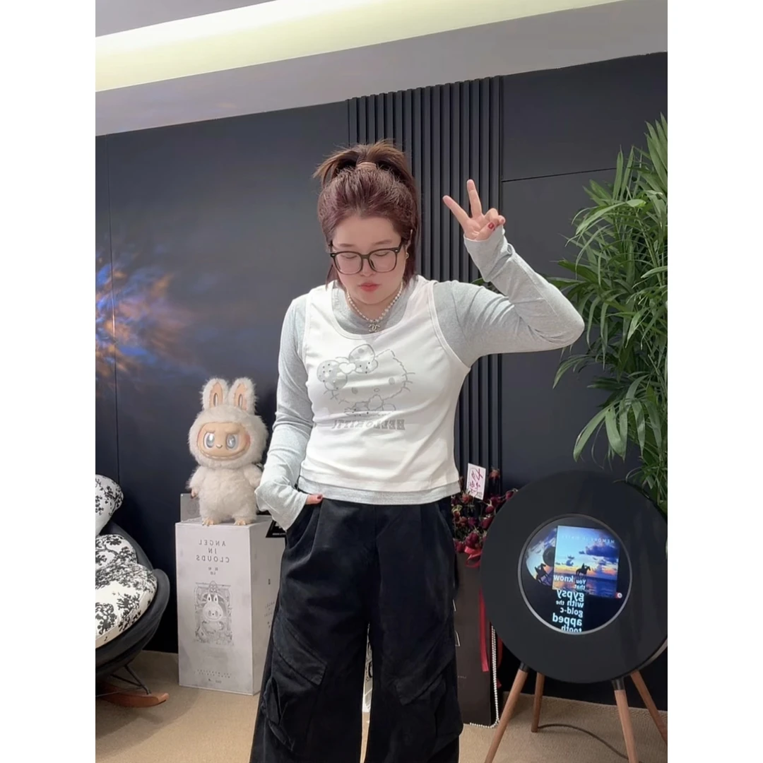 「涵涵家」韩系甜酷风kitty印花假两件圆领显瘦拼接T恤女#8846