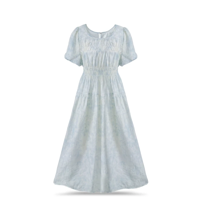 2025款夏季长裙连衣裙短袖收腰a字裙裙子时尚优雅长裙8129