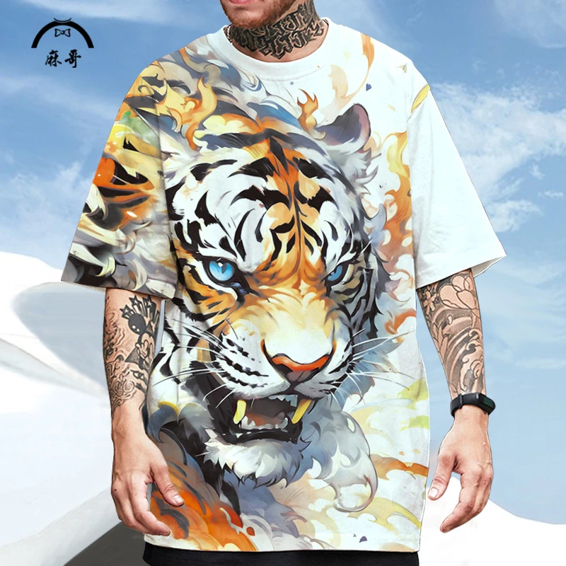 ins国潮老虎印花落肩短袖T恤男夏季薄款中国风体恤大码加肥半截袖