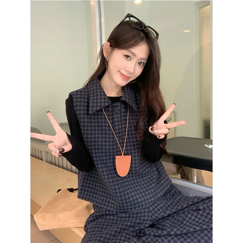 2025春季新款羊毛三件套#3262格子马甲打底衫高腰阔腿裤时尚套装