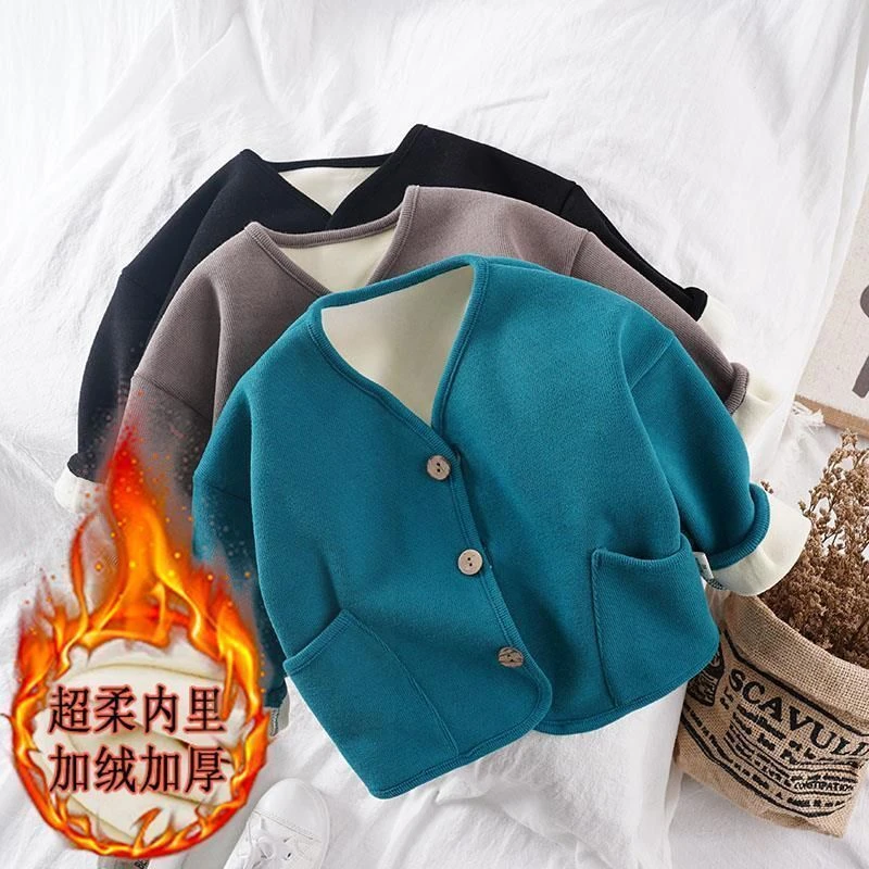 加绒加厚秋冬男女宝宝时髦休闲上衣外套儿童宽松洋气长袖开衫上衣