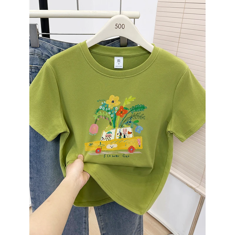 绿色正肩短袖t恤女2025夏季胖MM大码圆领百搭休闲潮流显瘦上衣服