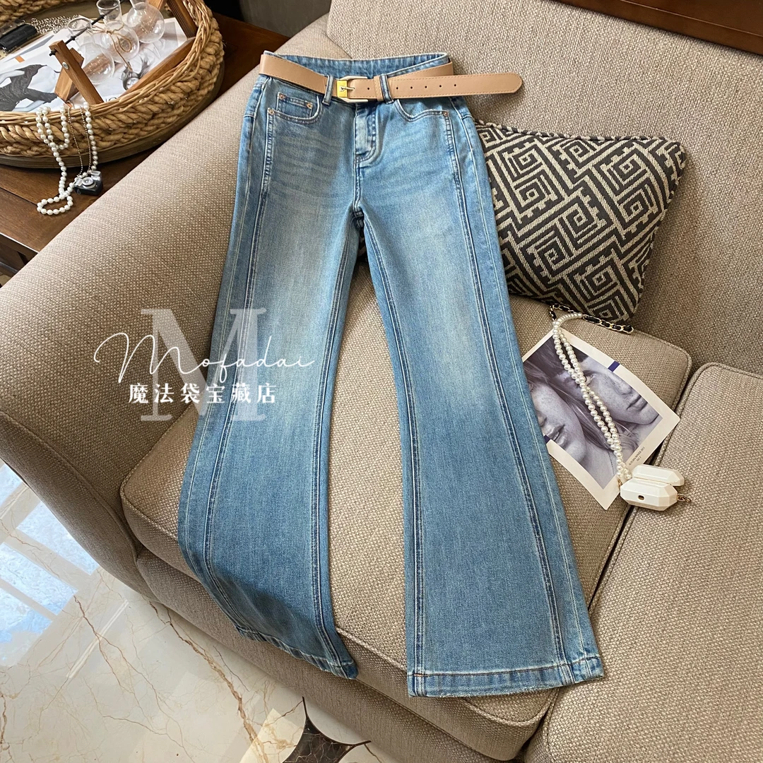 【魔法袋】高品蓝色春季新款牛仔裤女弹力竖条显瘦个性加长版喇叭裤