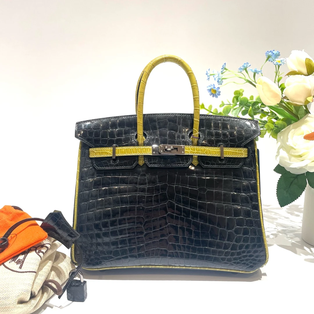 95新 Hermes/爱马仕 98新 Birkin 25 拼色铂金包 亮面两点鳄鱼