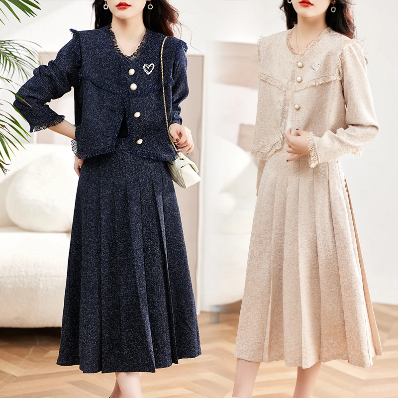 时尚套装时尚法式显瘦洋气小香风收腰长袖连衣裙春秋气质复古春季