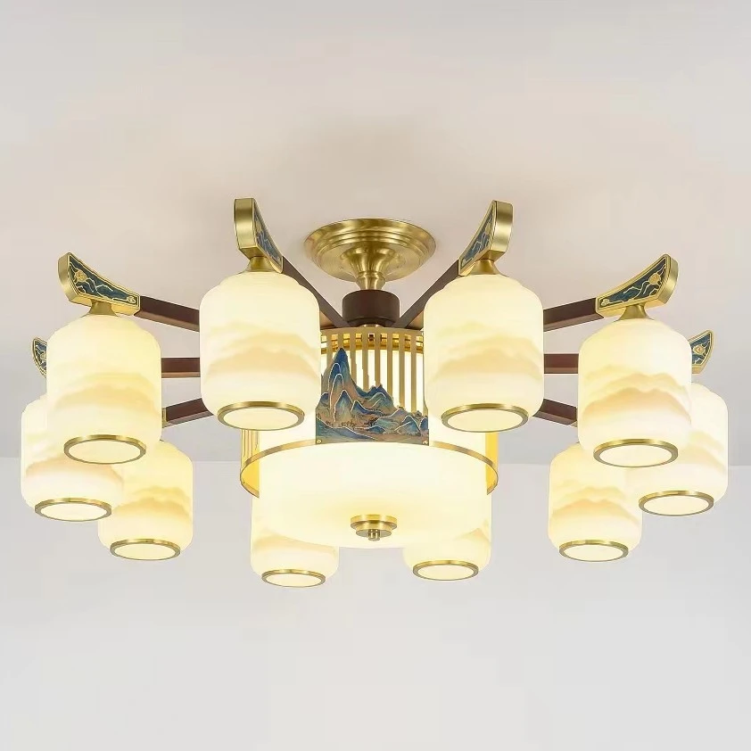 复式全铜实木新中式大吊灯中国风禅意简约大气别墅家用客厅全铜灯