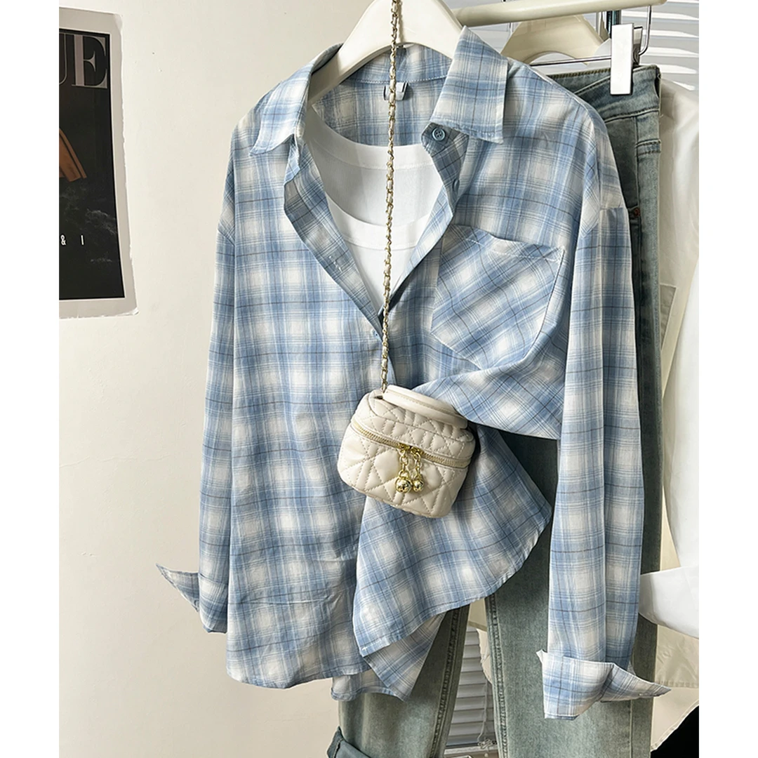 韩版ins蓝色格子衬衫2025新款纯欲慵懒风百搭小清新宽松显瘦外套