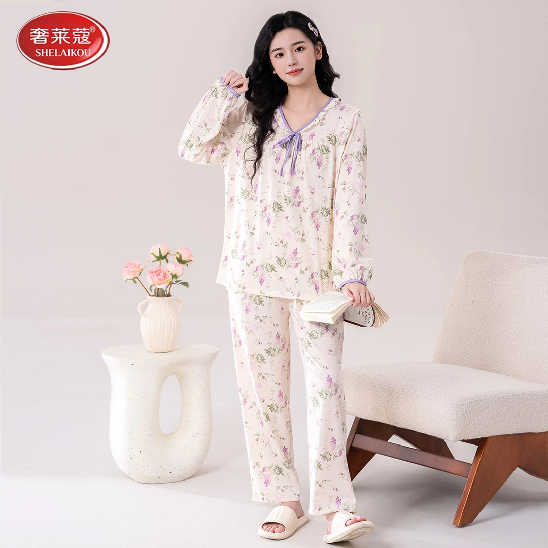 【紫色花语】舒适柔软~简约撞色可外穿休闲睡衣套装58785