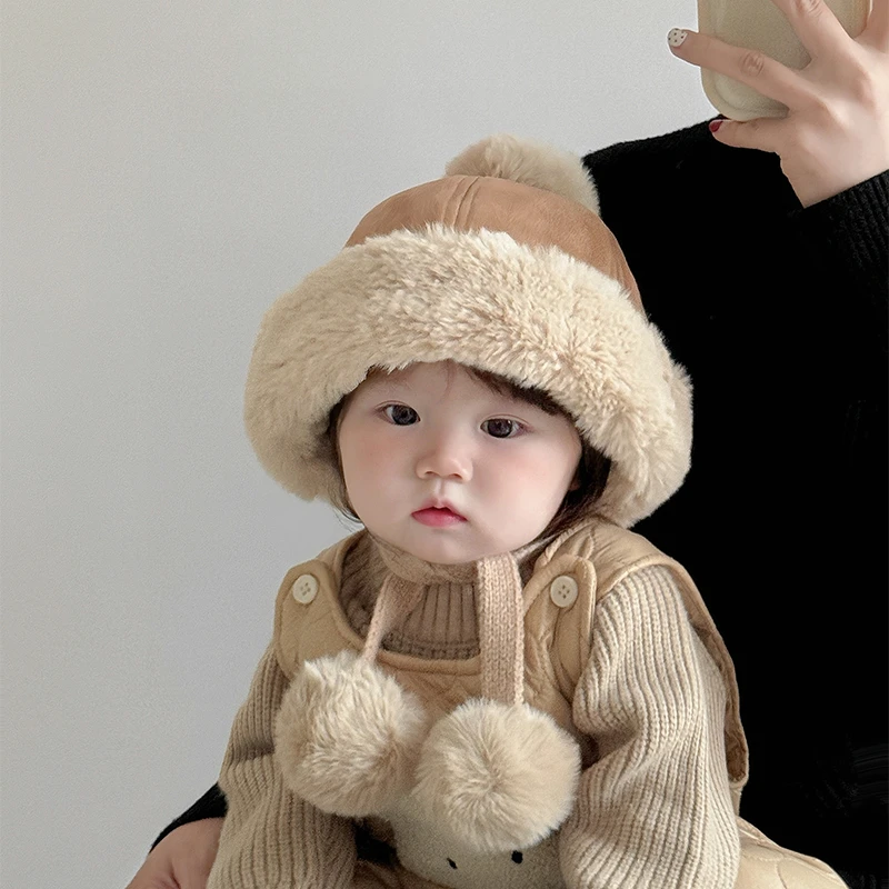 儿童帽子冬天毛绒帽韩版洋气麂皮绒护耳帽男女宝宝加厚加绒防风帽