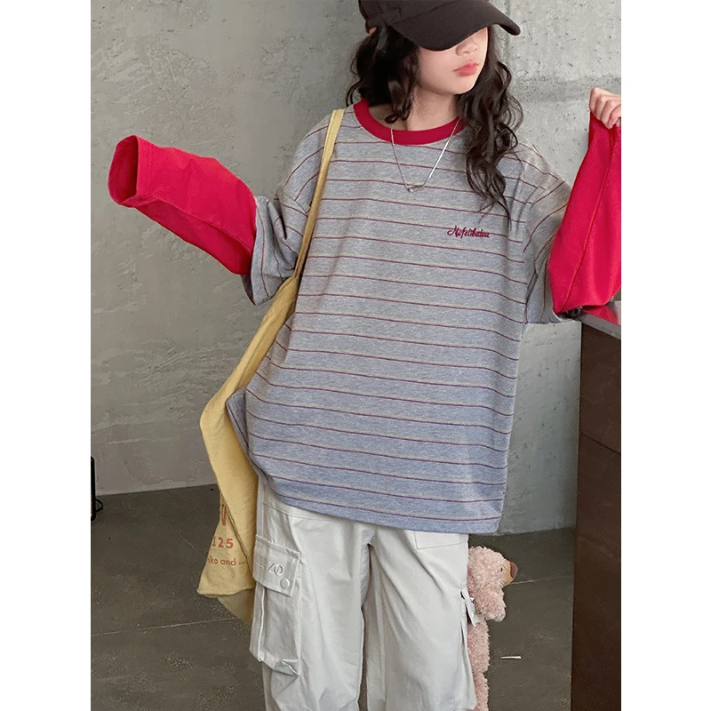 K28219拼接女童长袖T恤2025春装新款儿童时尚条纹上衣春秋打底衫t