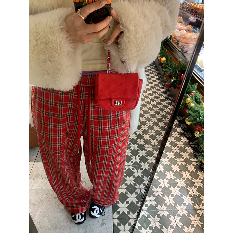 落落狷介 裤子女2024新款秋冬加绒红色宽松系带格子阔腿裤小个子