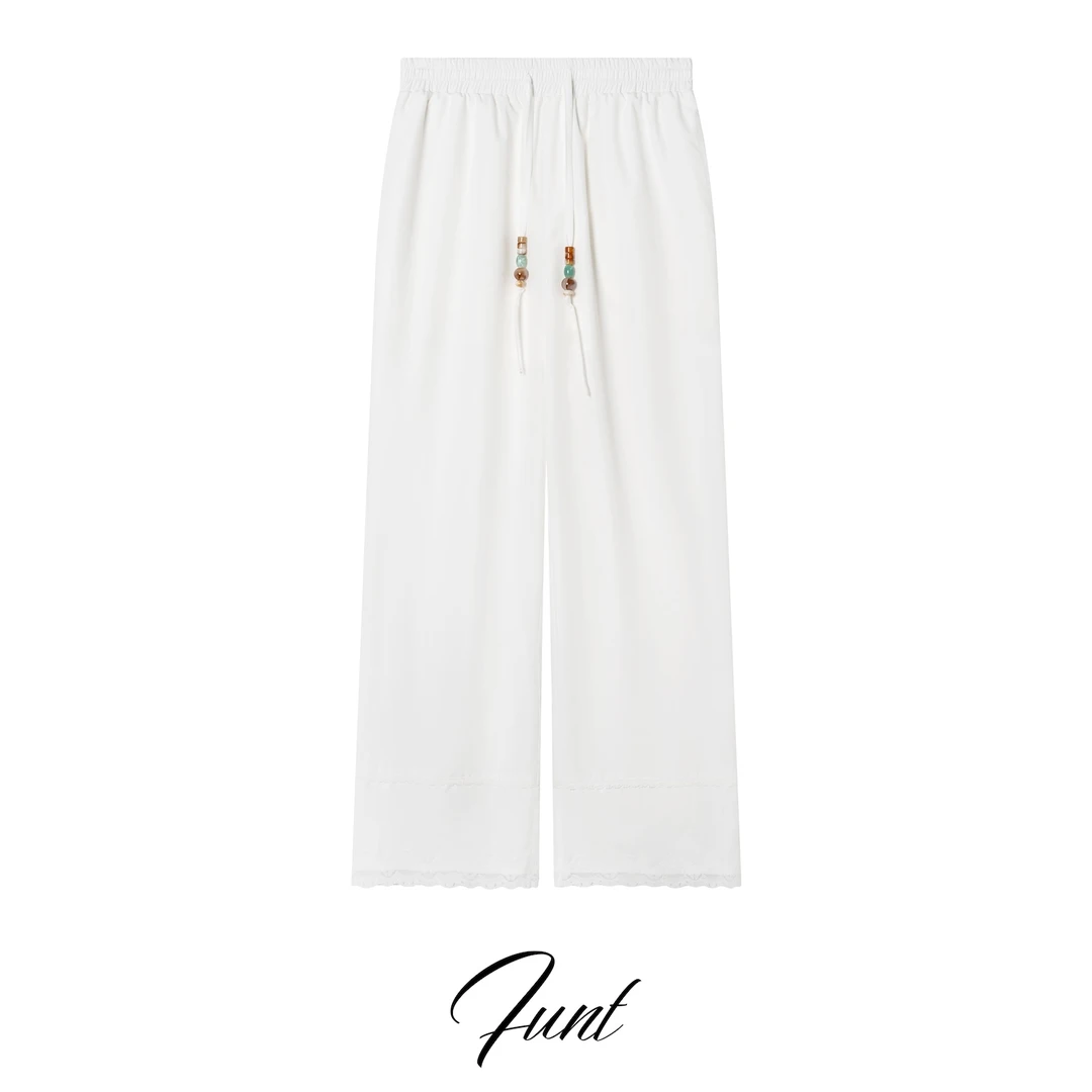 FUNT25SS新品度假海岛系列蕾丝花边串珠直筒长裤028