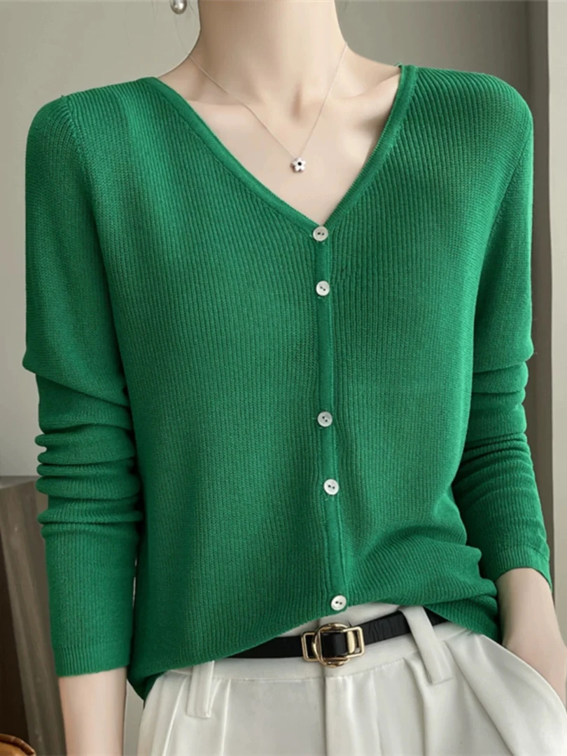 夏季新款v领纯色针织开衫冰丝薄款女士时尚休闲显瘦百搭长袖上衣