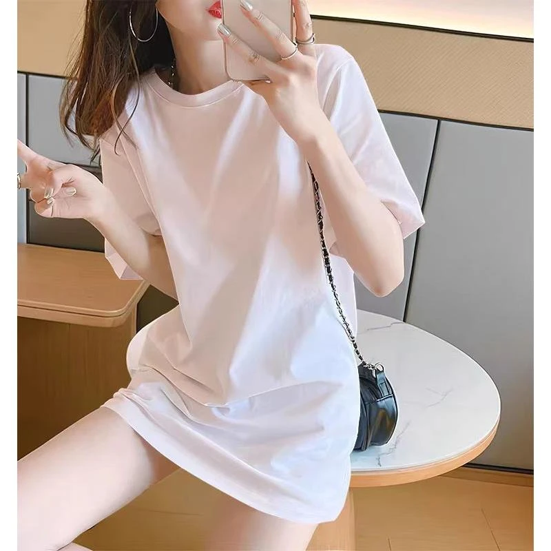 夏季短袖平口下摆T恤女中长款白色韩版凉感休闲女短袖遮屁股上衣