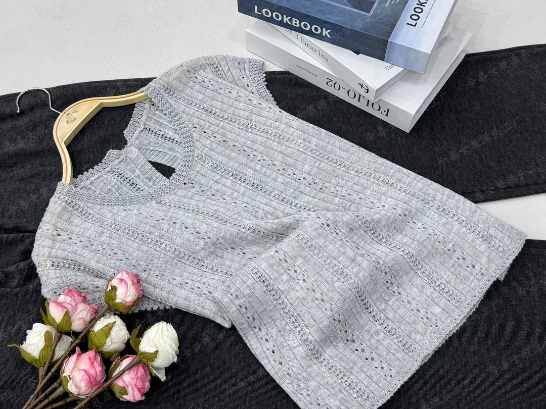 【蓝色镂空】新款时尚套头短袖针织衫QC3015