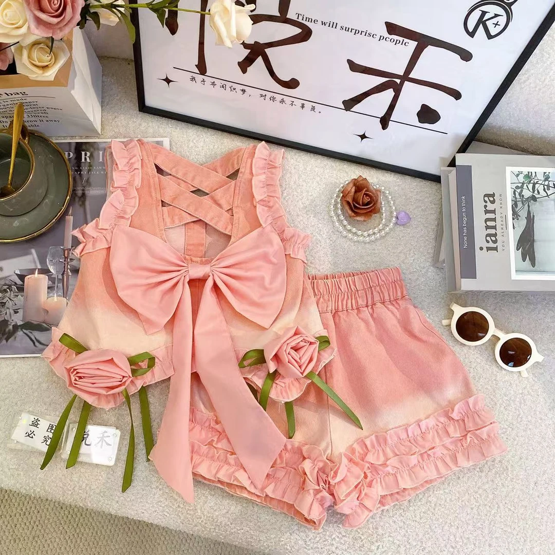 SD女孩牛仔套装甜美夏季新款粉色牛仔女宝洋气无袖儿童套装80757