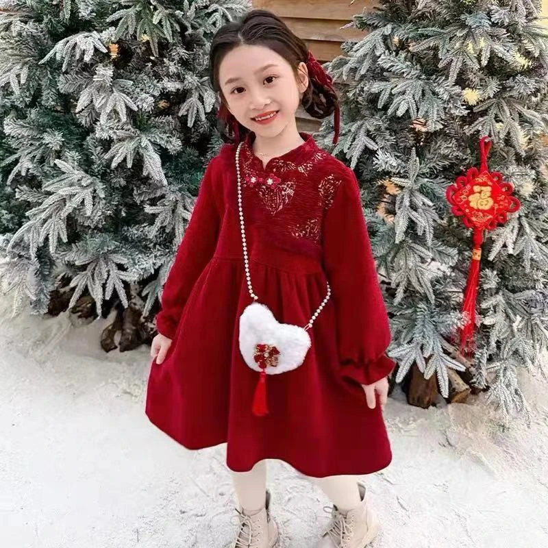 女童时尚公主秋冬2025新款新年拜年服洋气儿童红色裙子连衣裙