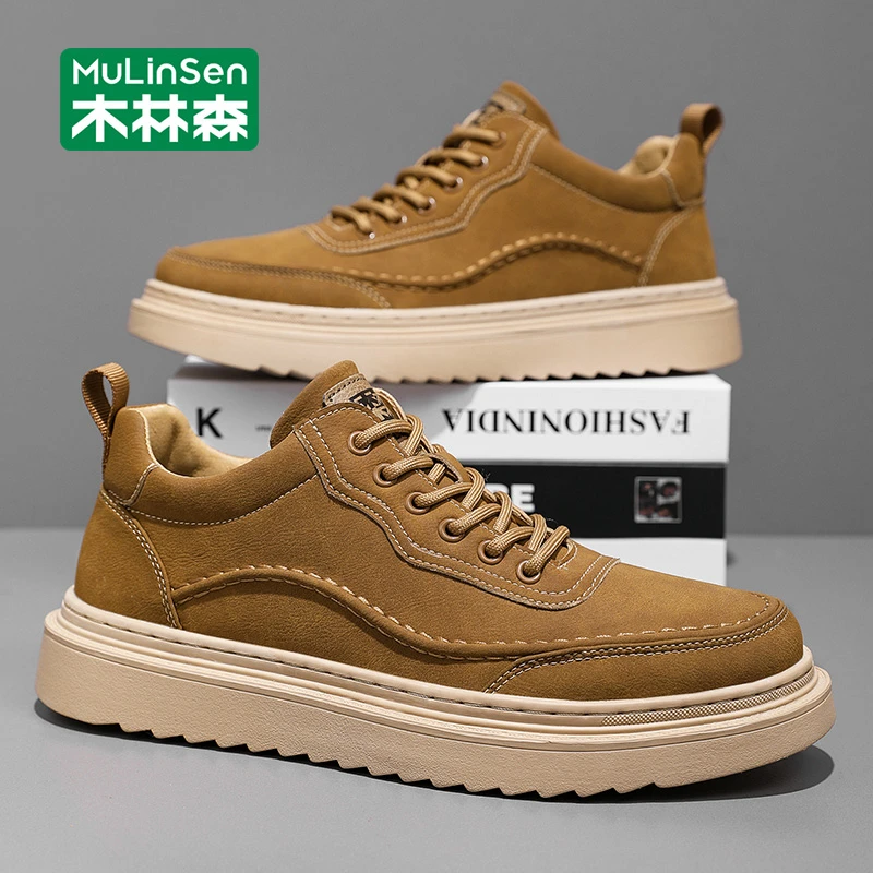 木林森板鞋男款2025新款秋季休闲鞋运动耐磨百搭工作厚底增高潮鞋