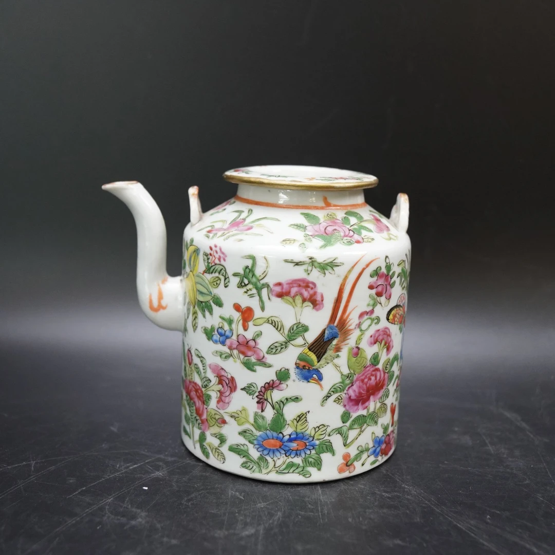 Lot.25070305清道光广彩花鸟纹提梁壶 高：约13.4cm