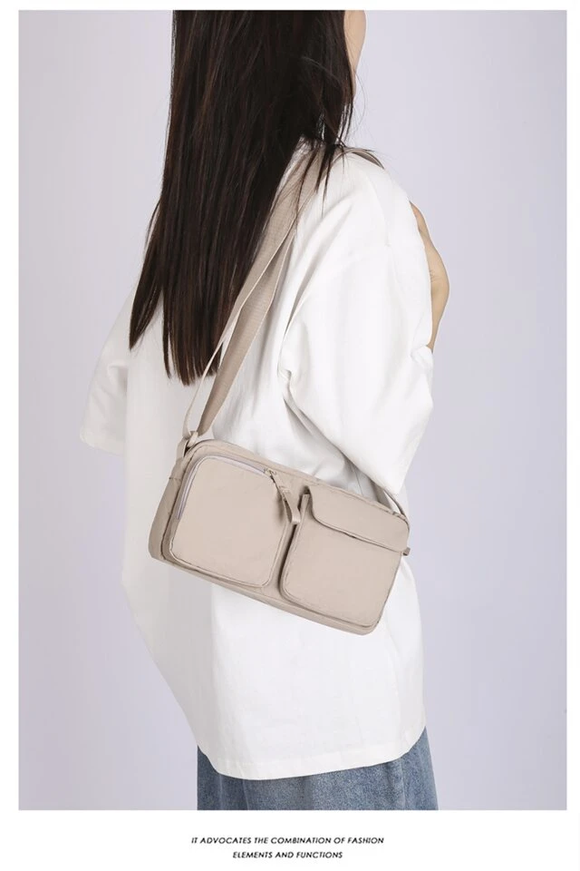 工装风纯色韩式可折叠轻便拉链单肩包时尚单肩肩包休闲经典百搭