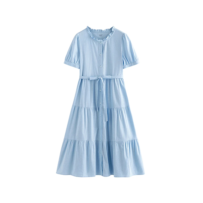 【一秒入夏】茵曼夏季亚麻法式木耳边连衣裙系带收腰短袖蓝色长裙