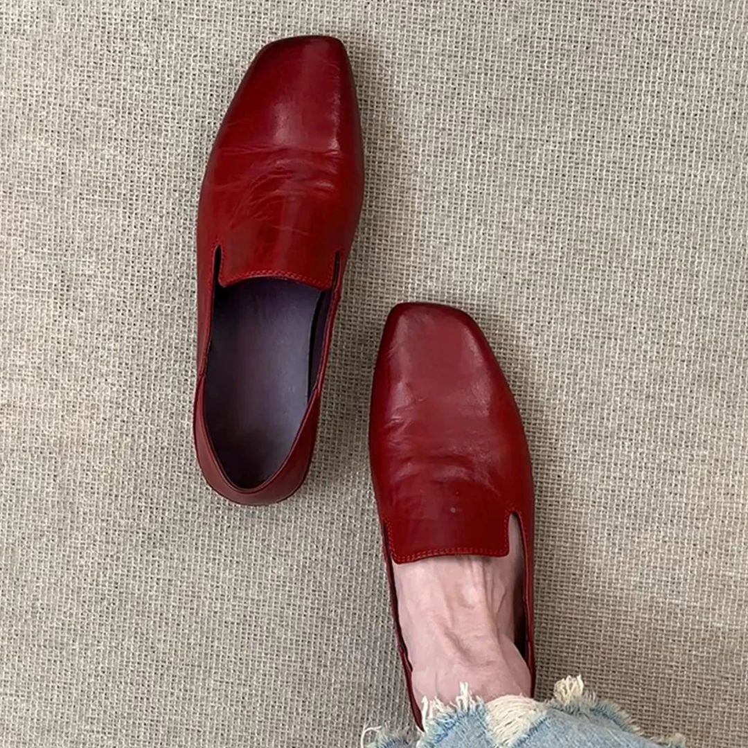 羊皮版~简约方头气质红色乐福鞋女外穿懒人一脚蹬真皮复古小皮鞋