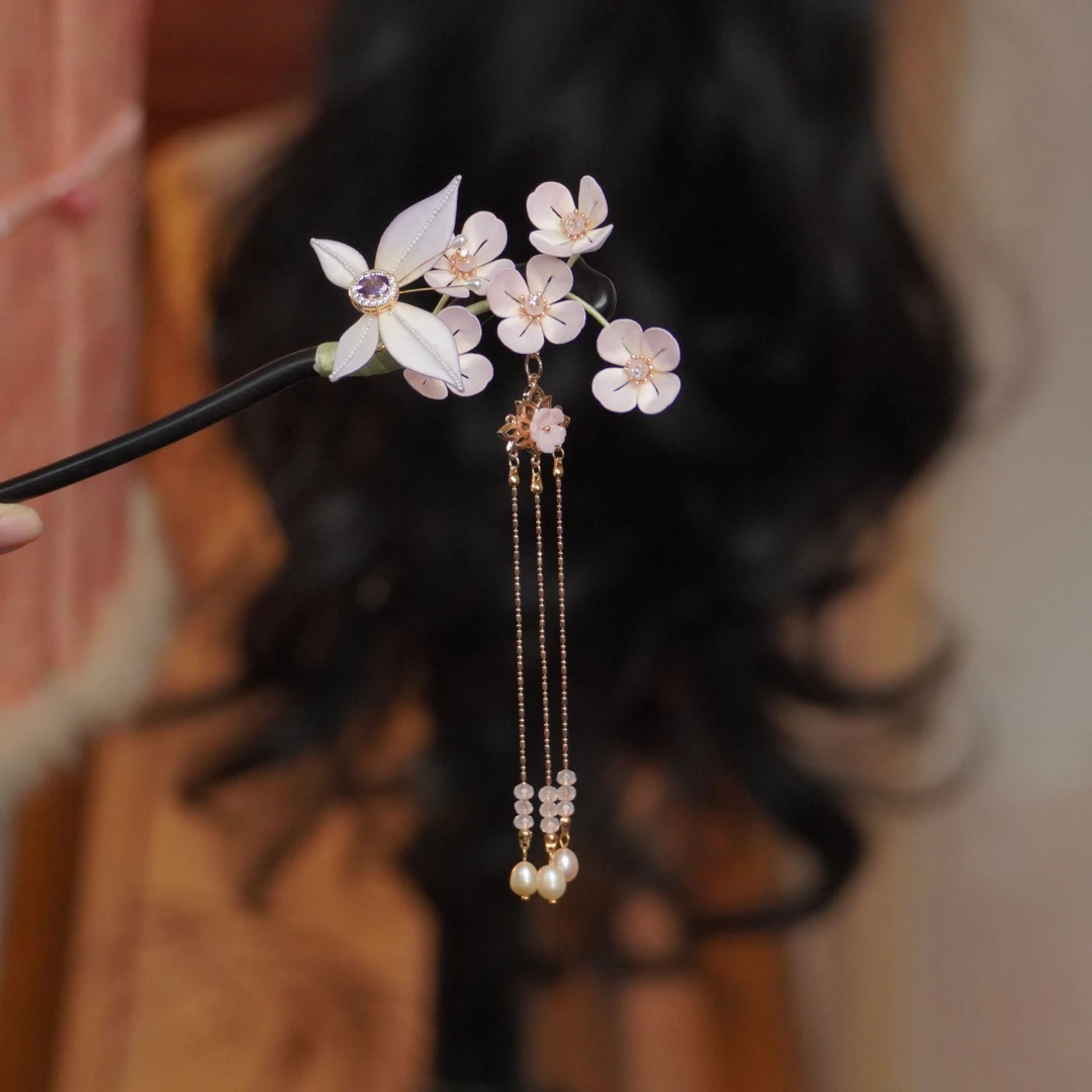 意大利高级桃花蝴蝶绒花非遗绿檀发簪南京绒花