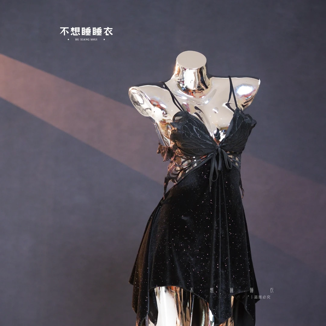 绒【闪耀蝴蝶】气质显瘦女神款蝴蝶睡裙带胸垫可拆卸睡衣家居服