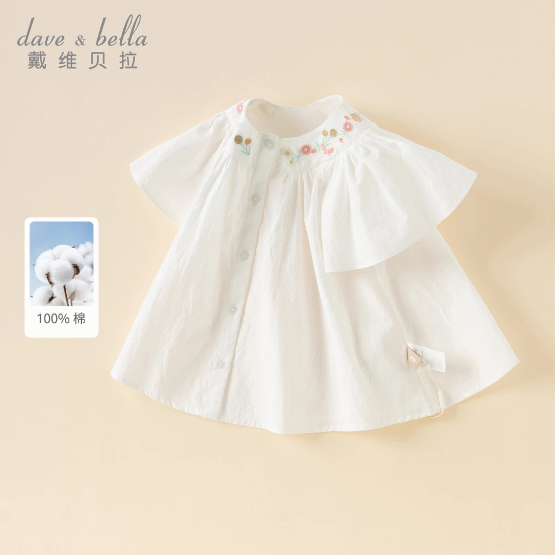 戴维贝拉童装儿童衬衫夏装新款女童纯棉白色衬衣女宝宝小飞袖上衣