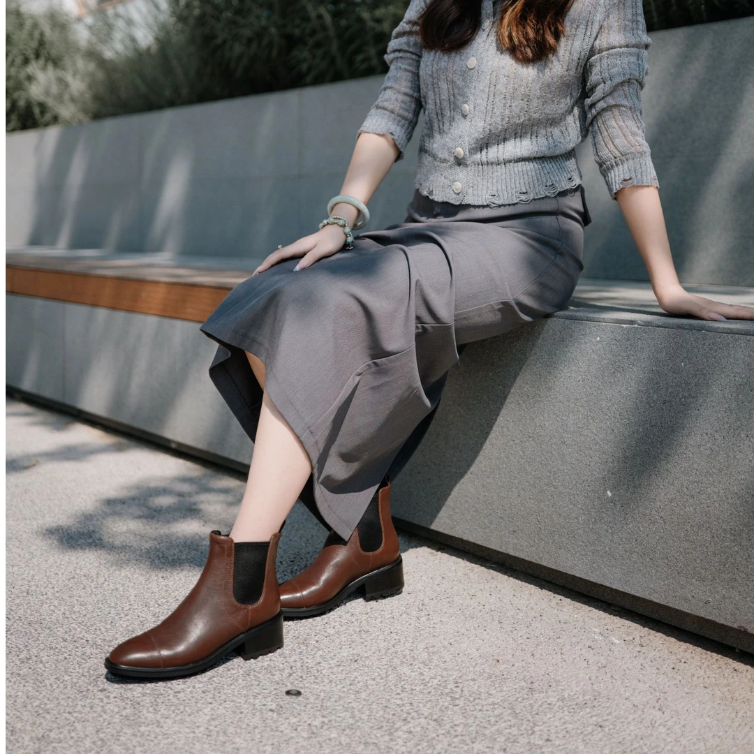 【7091】C休闲时尚百搭平底舒适潮流秋冬新品真皮切尔西靴子