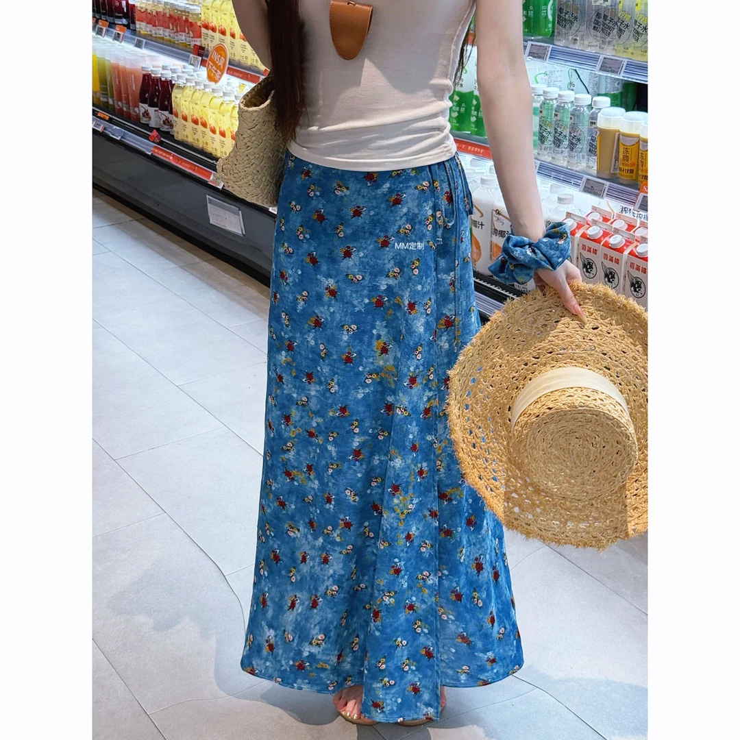 【西西里岛】泰兰德少女V领白色T恤蓝色碎花油画一片式半裙A392