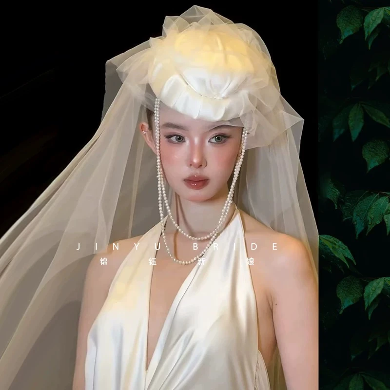 新款法式复古珍珠网纱礼帽新娘婚纱礼服造型影楼拍照道具配饰