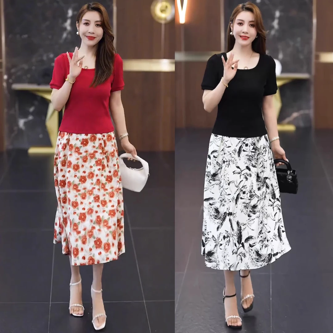 时尚连衣裙套装女2025夏新款洋气显瘦短袖T恤碎花半身裙两件套潮