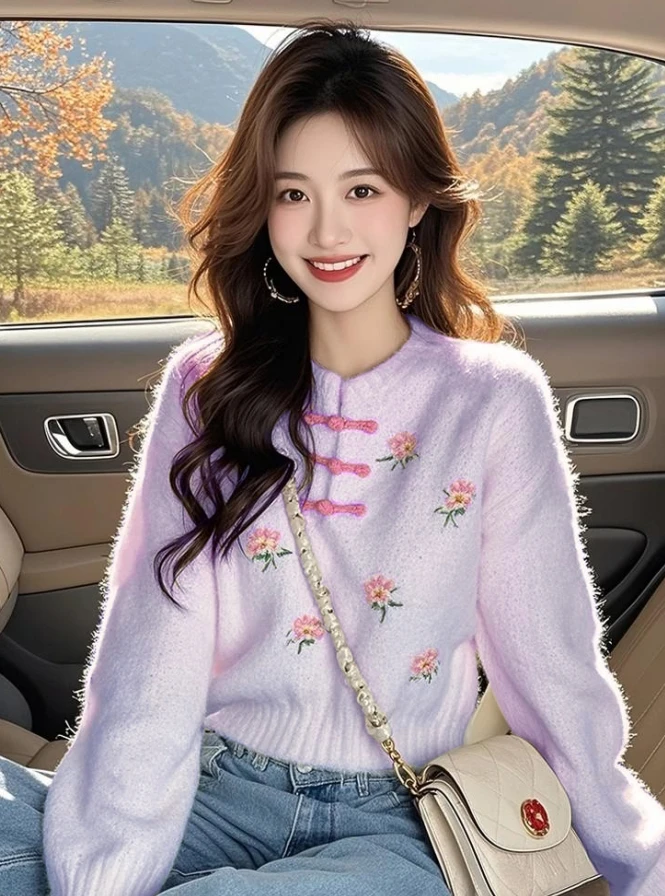 2025蛇年本命年毛衣复古女冬中国风盘扣别致针织上衣新中式打底衫