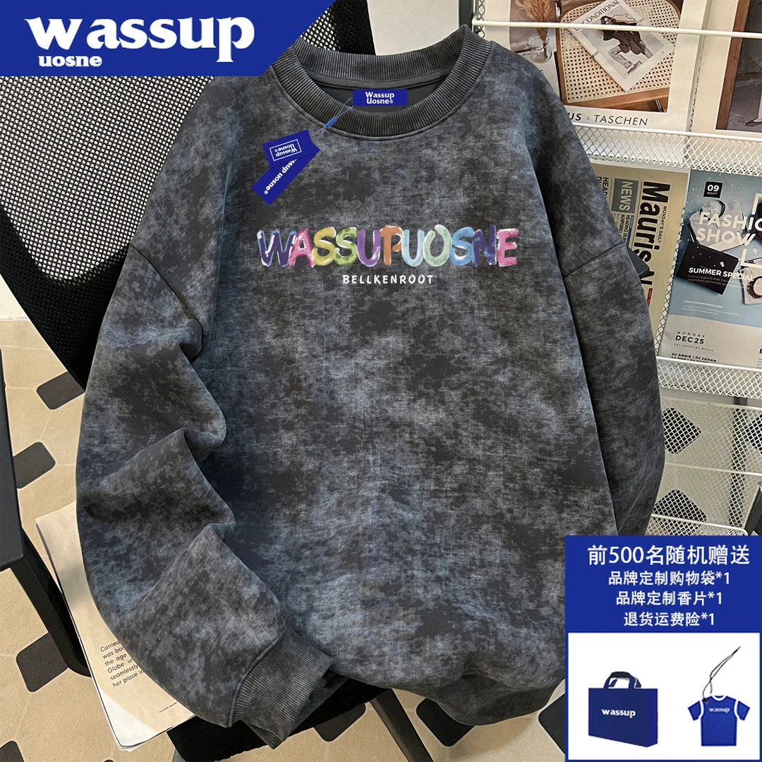 WASSUP UOSNE美式蜡染廓形卫衣男秋季款boxy小众痞帅硬挺百搭外套