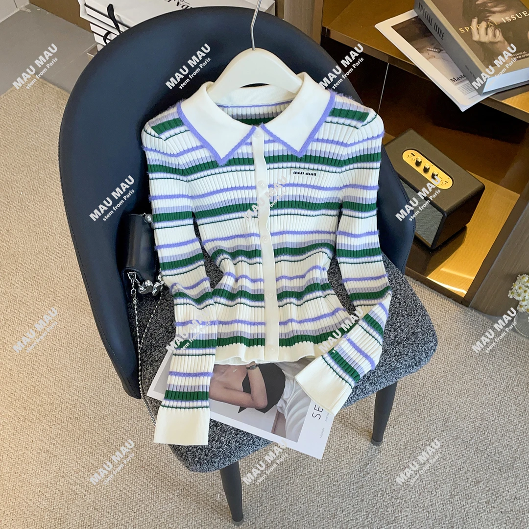 现货 2025新款条纹短款针织开衫女甜美翻领坑条上衣 DY9100