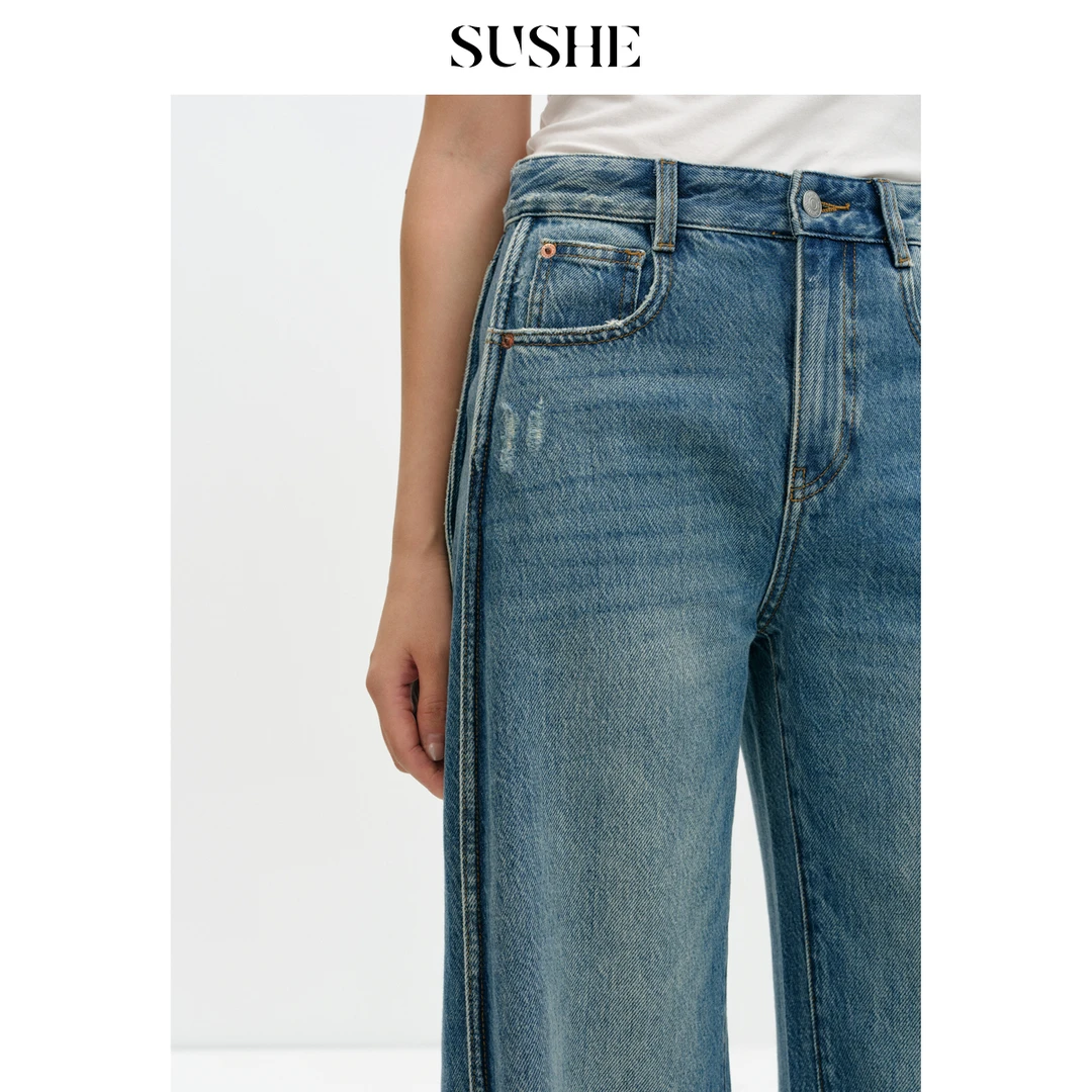 束皙SUSHE 空明 2025早春新款纯棉水洗磨破百搭高腰蓝色牛仔裤女