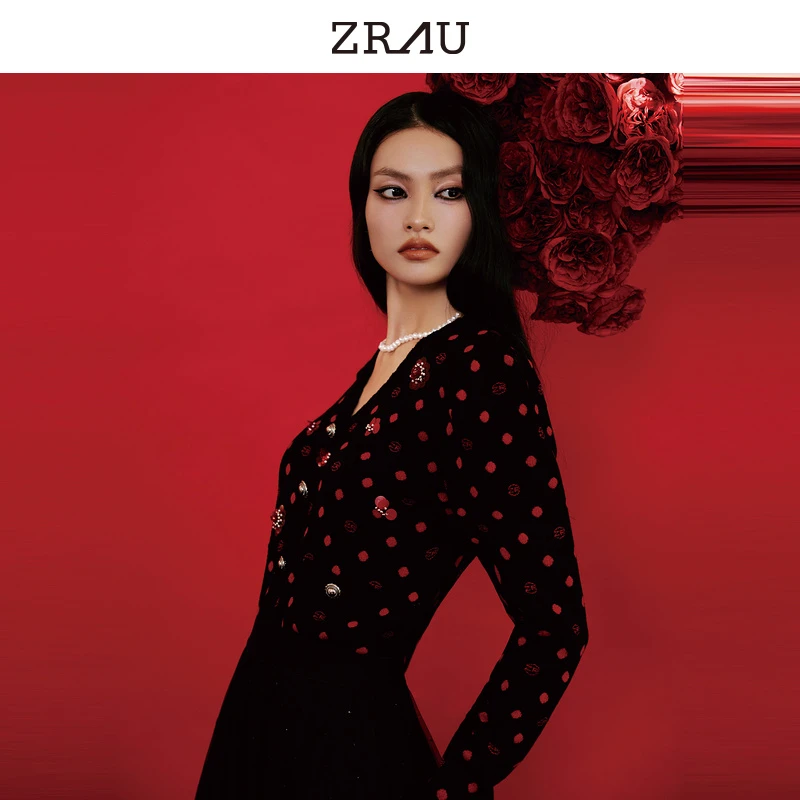 【臻选】ZRAU秋冬款复古显白红色波点V领针织衫91050431502