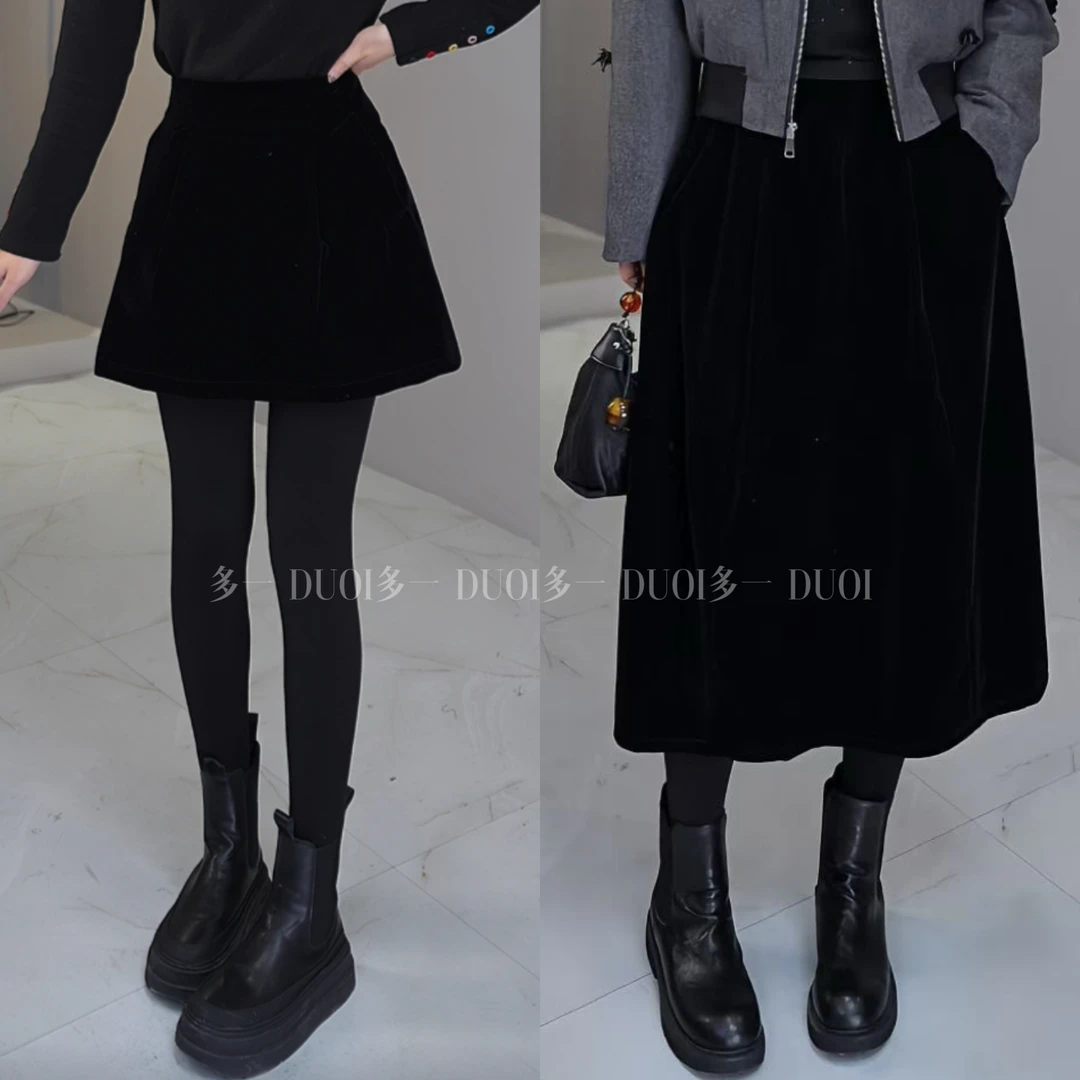 多一“优雅邂逅”2024冬季复古高腰平板丝绒显瘦时尚丝绒气质半裙