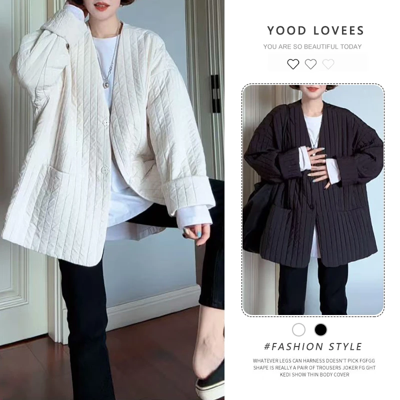 欧货复古轻薄夹棉外套女冬季新款宽松慵懒风休闲百搭V领棉衣棉服