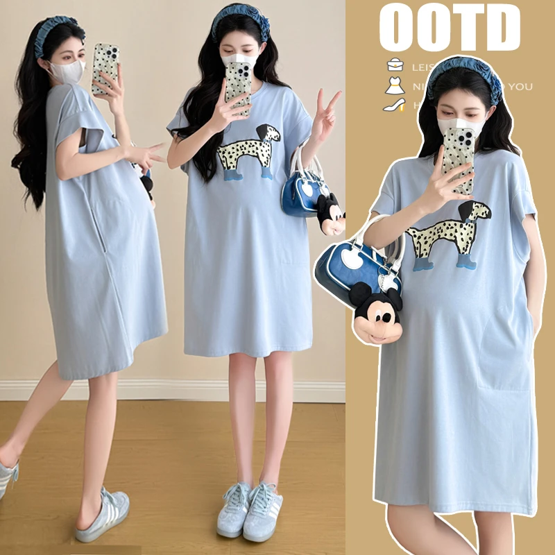 【M-4XL】2025夏装孕妇装新款大码短袖中长款T恤裙休闲宽松连衣裙