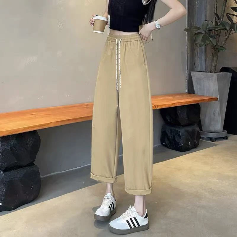 H701气球裤女宽松直筒卷边裤脚松紧腰带口袋休闲弯刀哈伦裤/ZBJ