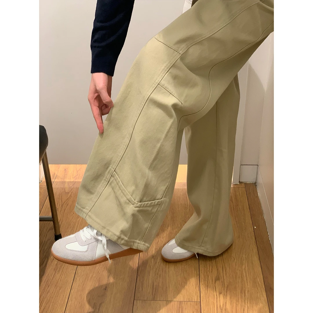 卡其色韩系工装裤高腰显瘦阔腿牛仔裤女秋季梨型遮胯藏肉直筒裤子