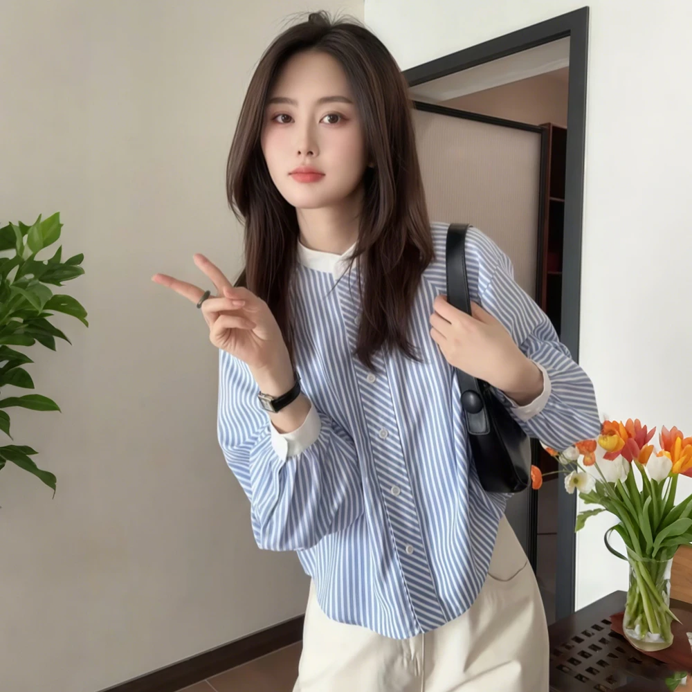 秋季新款纯棉条纹衬衫圆领法式小众气质宽松显瘦休闲百搭长袖上衣